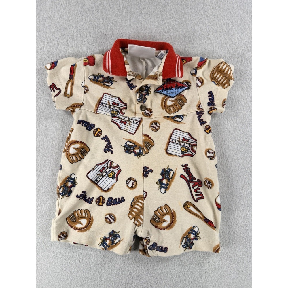 VTG First Impressions Baby Boy Short Sleeve Baseball Romper Size 6-9 Months Y2K